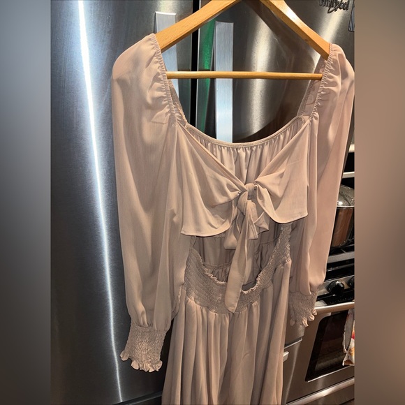 Exlura beige tan nude DRESS square Stretch Neck Long Ruffle sleeve Flowy Ties 2X - Picture 10 of 14